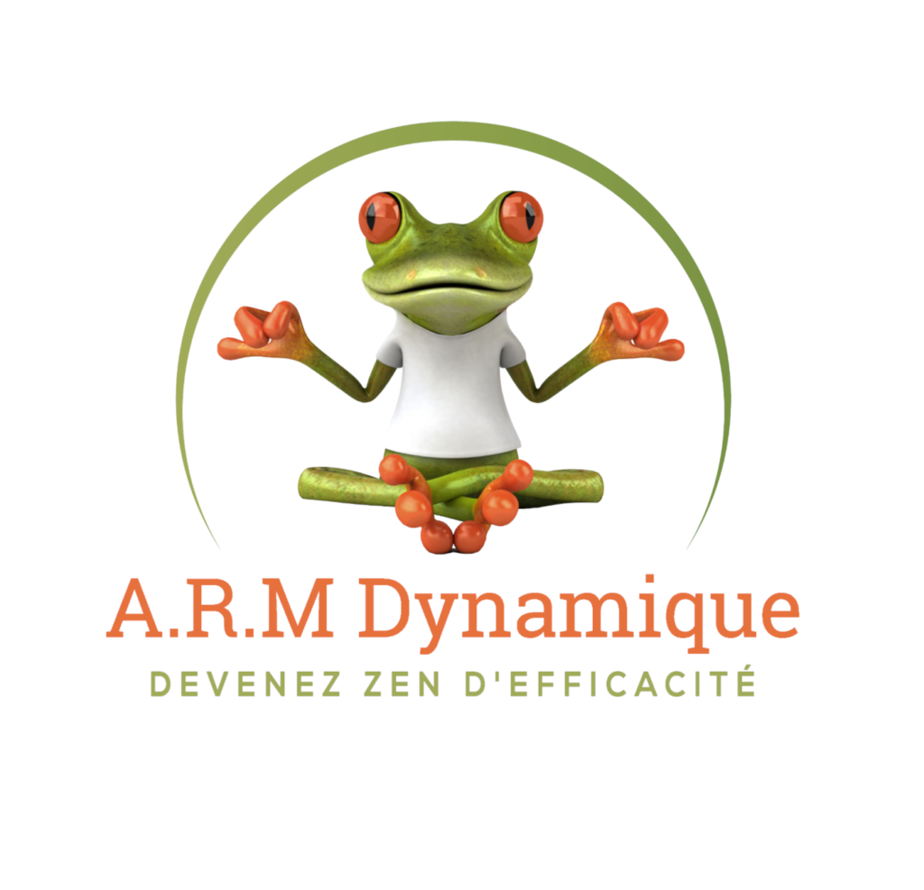 Logo A.R.M. Dynamique entier dans un cadre rond peint au pinceau : : grenouille en position du lotus entourée d'un arc vert